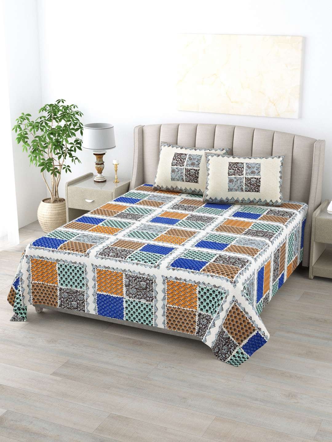 100% Pure Cotton Traditional Printed Bedsheet for Double Bed King Size Bedsheet with 2 Pillow Covers