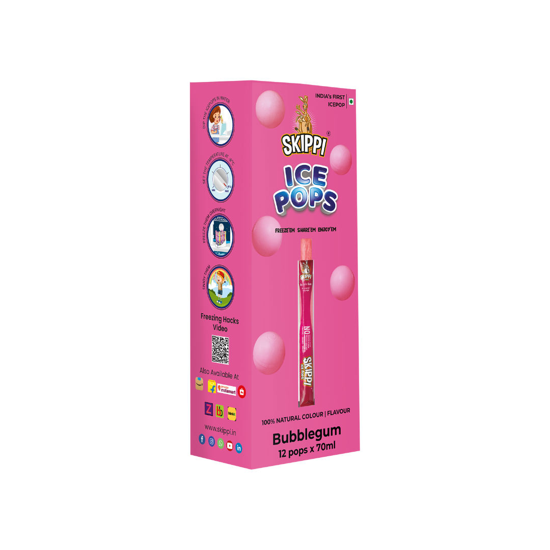 Bubble Gum Flavor Skippi Natural Ice pop,  Pack of 12 Ice Pops