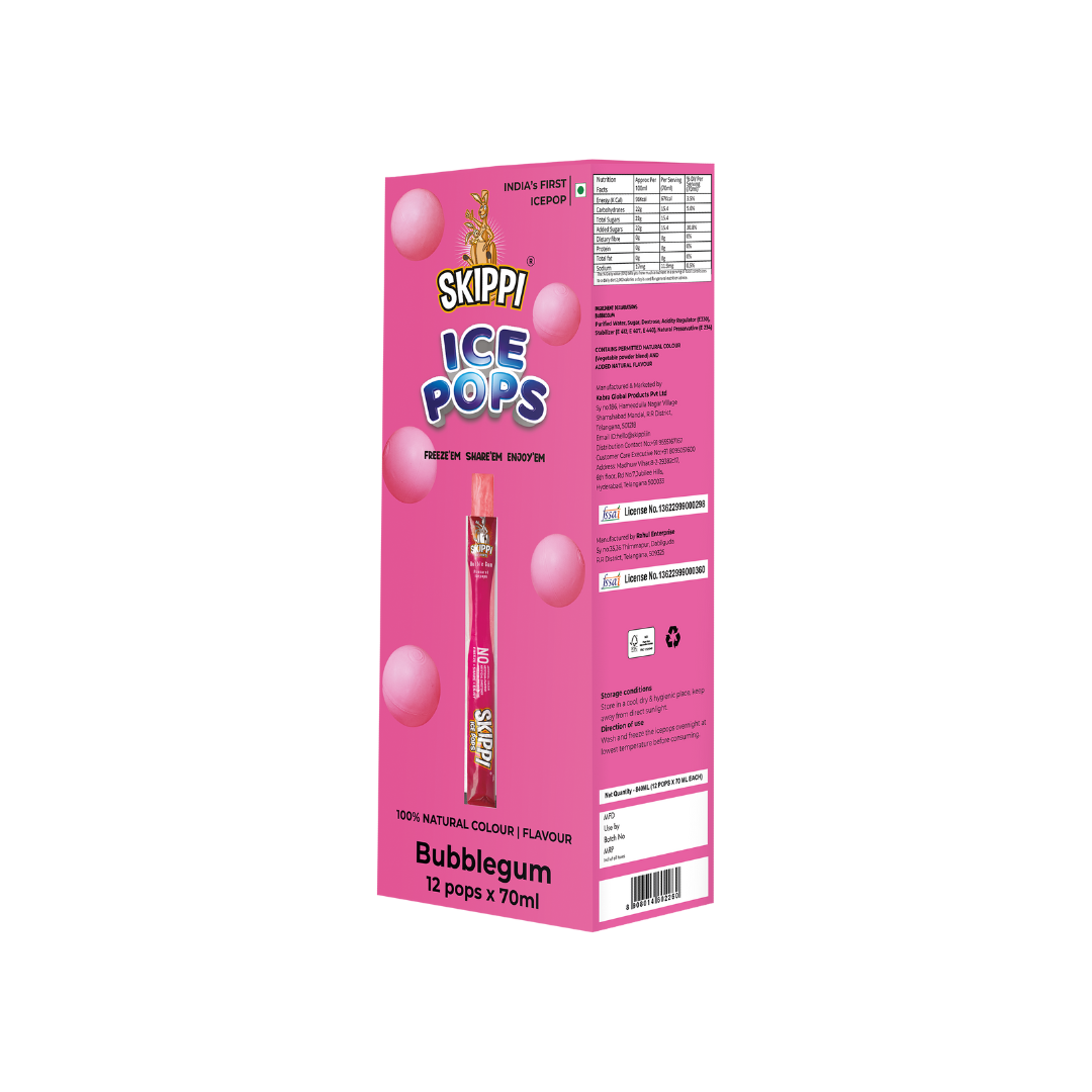 Bubble Gum Flavor Skippi Natural Ice pop,  Pack of 12 Ice Pops