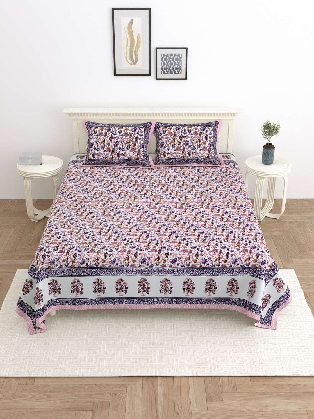 100% Pure Cotton Traditional Printed Bedsheet for Double Bed King Size Bedsheet with 2 Pillow Covers