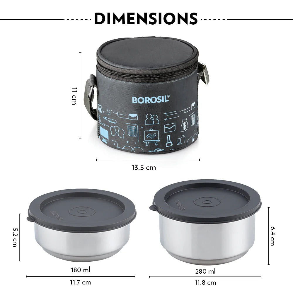 Borosil CarryFresh Steel Lunch Box Set (180ml + 280ml×2)