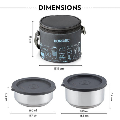 Borosil CarryFresh Steel Lunch Box Set (180ml + 280ml×2)