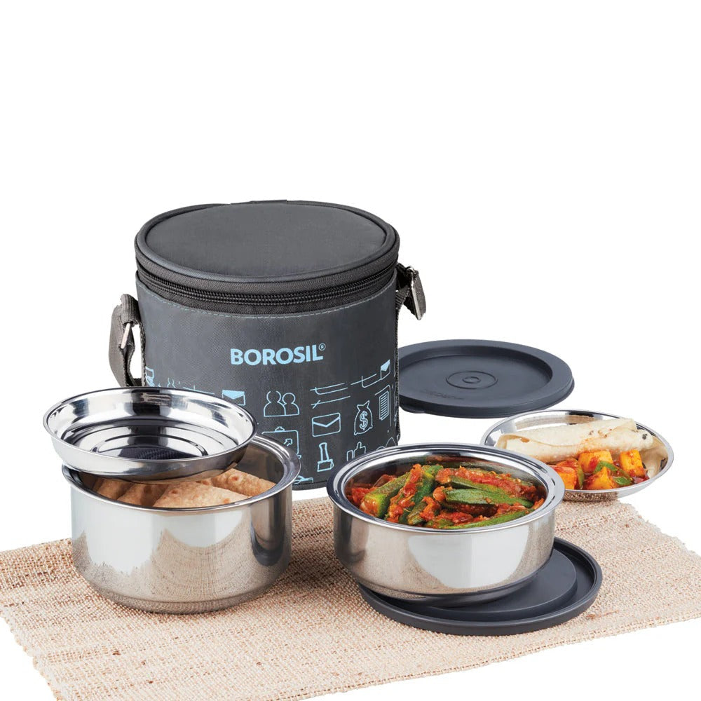 Borosil CarryFresh Steel Lunch Box Set (180ml + 280ml×2)