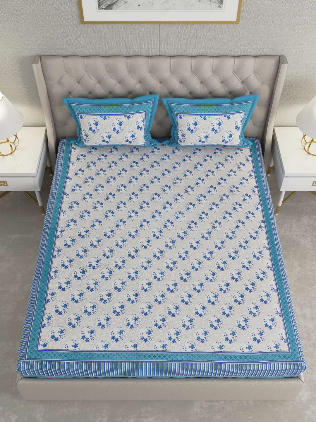 100% Pure Cotton Traditional Printed Bedsheet for Double Bed King Size Bedsheet with 2 Pillow Covers