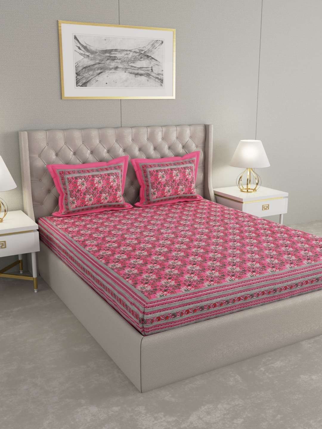 100% Pure Cotton Traditional Printed Bedsheet for Double Bed King Size Bedsheet with 2 Pillow Covers