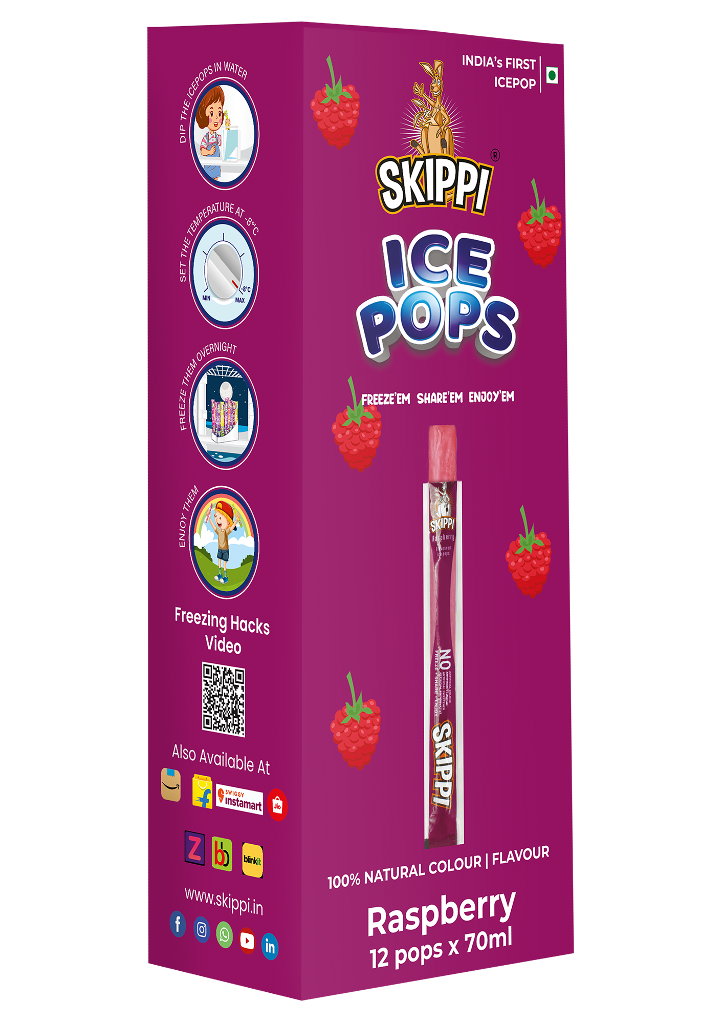 Skippi Raspberry Flavor Ice Pop, Pack Of 12
