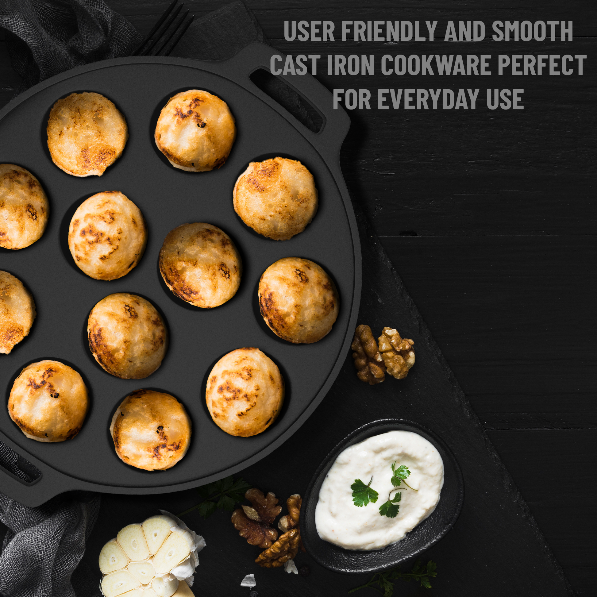 Esspy 12 Pit Pre-Seasoned Cast Iron Paniyaram Pan With Silicon Handle & Glass Lid| Non-stick | Induction Friendly | Appe/Paddu Pan | 100% Pure & Toxin-Free | Gunta Ponganalu/Paddu | Cast Iron Cookware