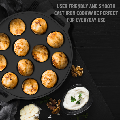 Esspy 12 Pit Pre-Seasoned Cast Iron Paniyaram Pan With Silicon Handle & Glass Lid| Non-stick | Induction Friendly | Appe/Paddu Pan | 100% Pure & Toxin-Free | Gunta Ponganalu/Paddu | Cast Iron Cookware