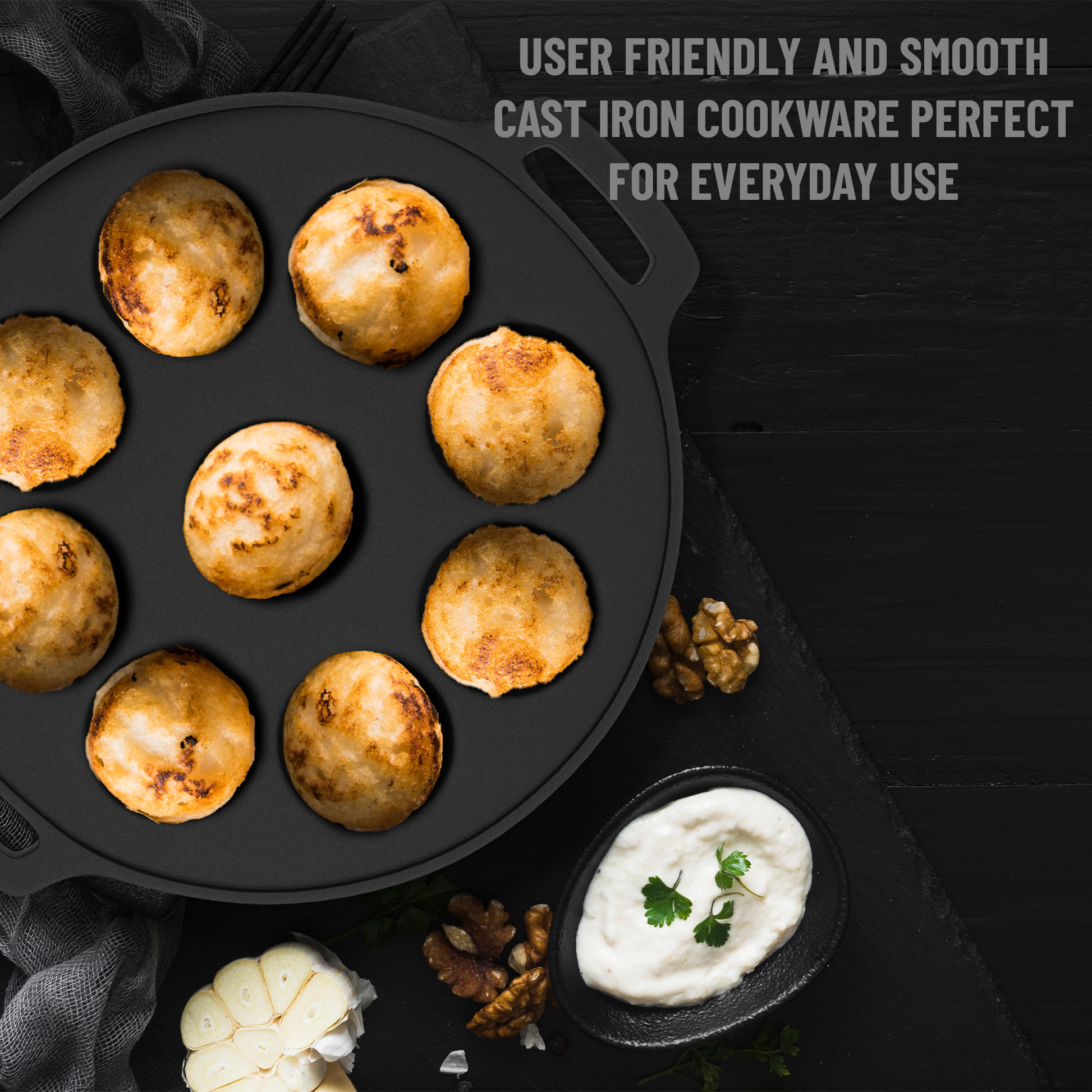 Esspy 9 Pit Pre-Seasoned Cast Iron Paniyaram Pan With Silicon Handle & Glass Lid| Non-stick | Induction Friendly | Appe/Paddu Pan | 100% Pure & Toxin-Free | Gunta Ponganalu/Paddu | Cast Iron Cookware