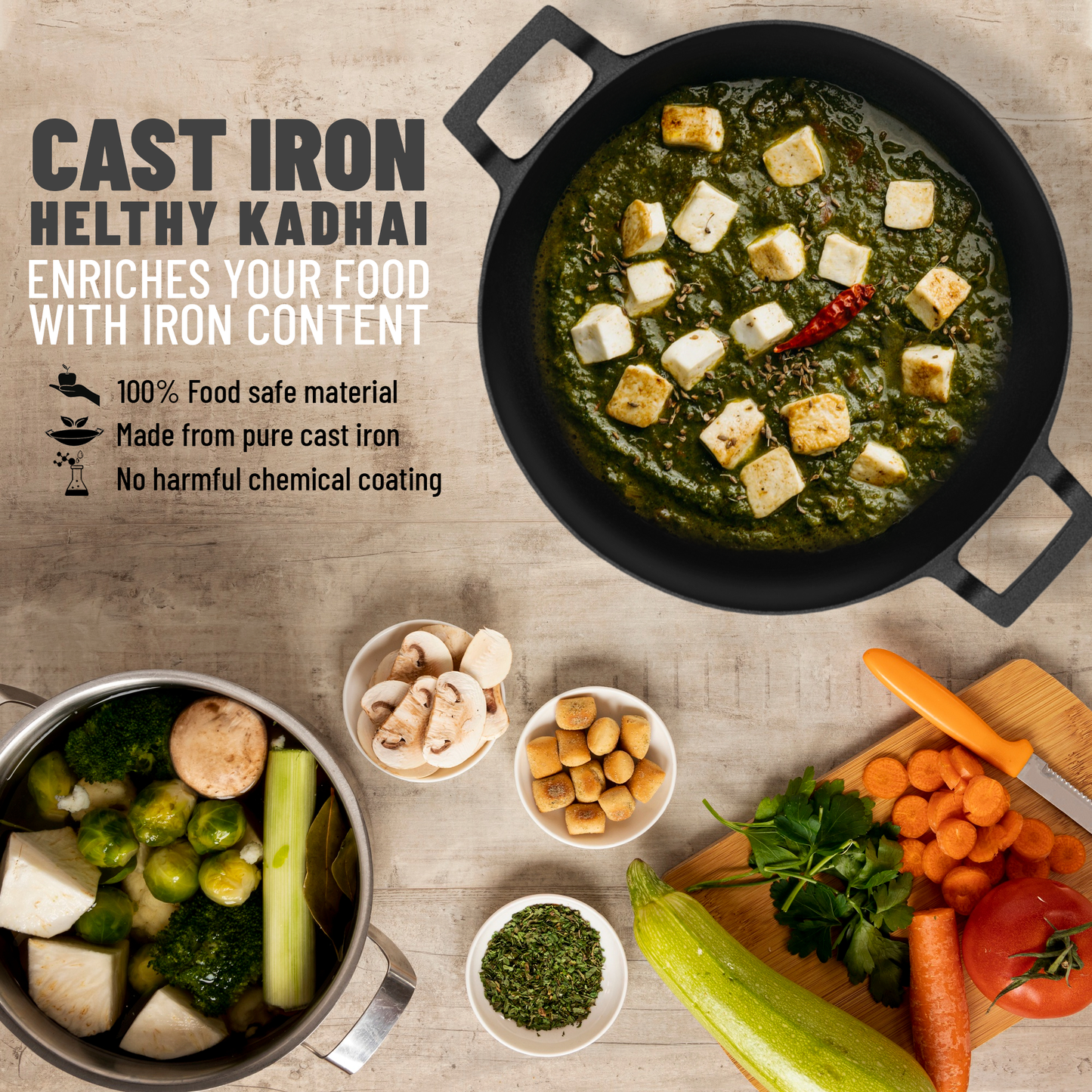 Esspy Pre Seasoned Cast Iron Kadhai With Silicon Handle Cover | Naturally Non Stick Kadai for Cooking | Gas & Induction Friendly | Woks | 100% Pure & Toxin-Free | No Chemical Coating | Fast & Even Heating