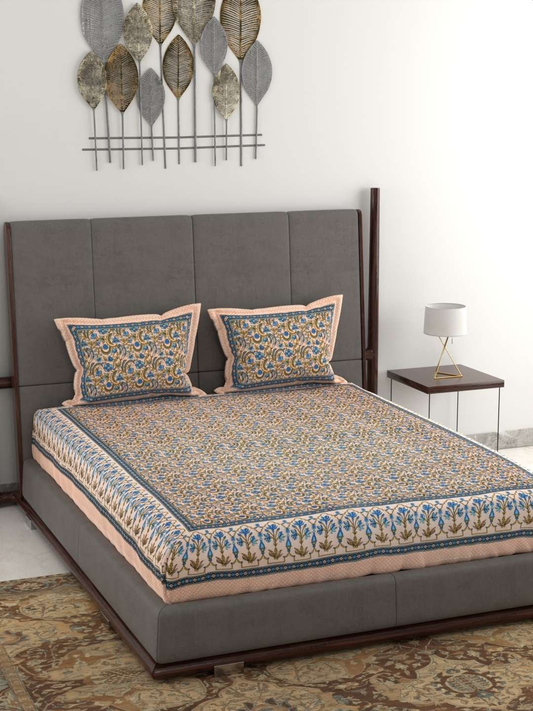 100% Pure Cotton Traditional Printed Bedsheet for Double Bed King Size Bedsheet with 2 Pillow Covers