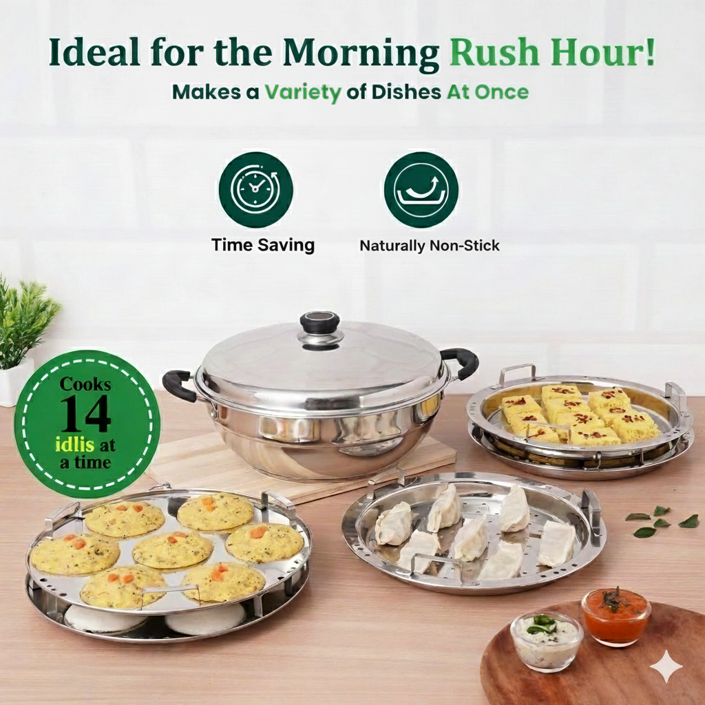 Esspy Stainless Steel Idli Maker/Momo Maker/Multi Kadai/Steamer Set|Large, 5 Plates, 2 Idli|2 Dhokla|1 Steamer|29Cm/11.3 Inch, 4.2Ltr, 2.5Kg|3-Layer Thick Bottom|Induction Friendly