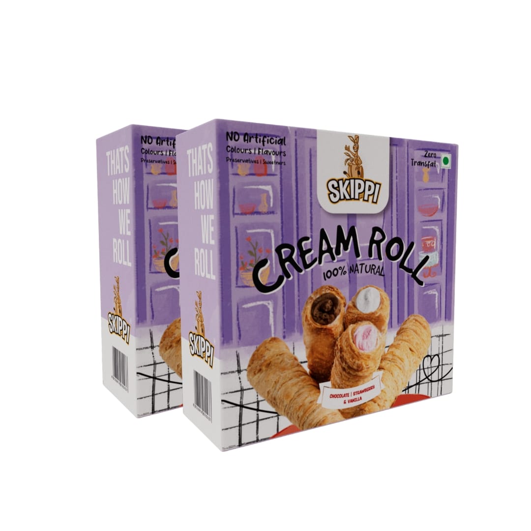 Cream Rolls Skippi Pack of 2,delightful assorted box of 6 rolls(180gm) 2 Vanilla,2 Chocolate & 2 Strawberry Flavor.