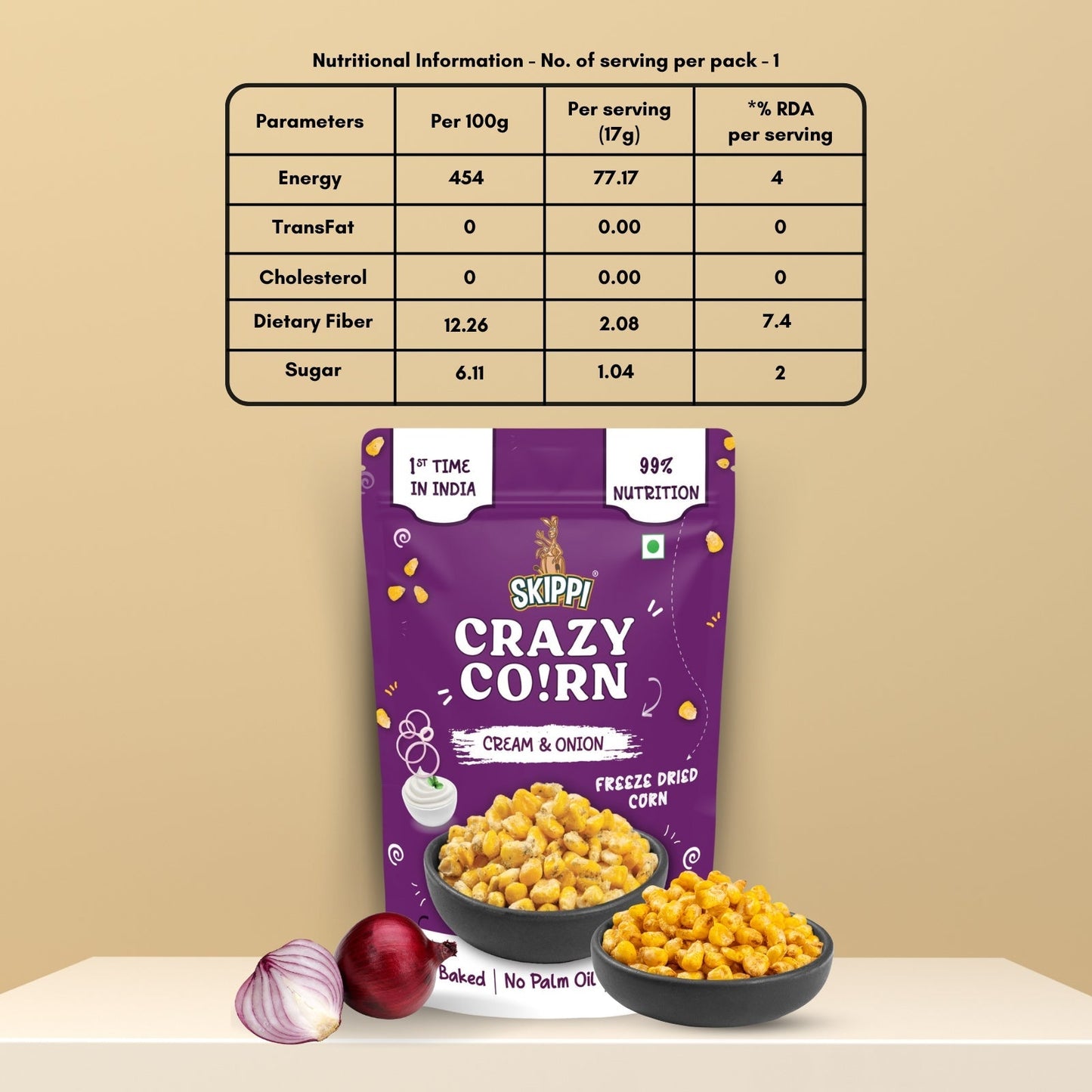 Cream & Onion Skippi (2 Packs) Crispy Crazy Corn Kernels, Freeze Dried Sweet Corn in Pack of 2