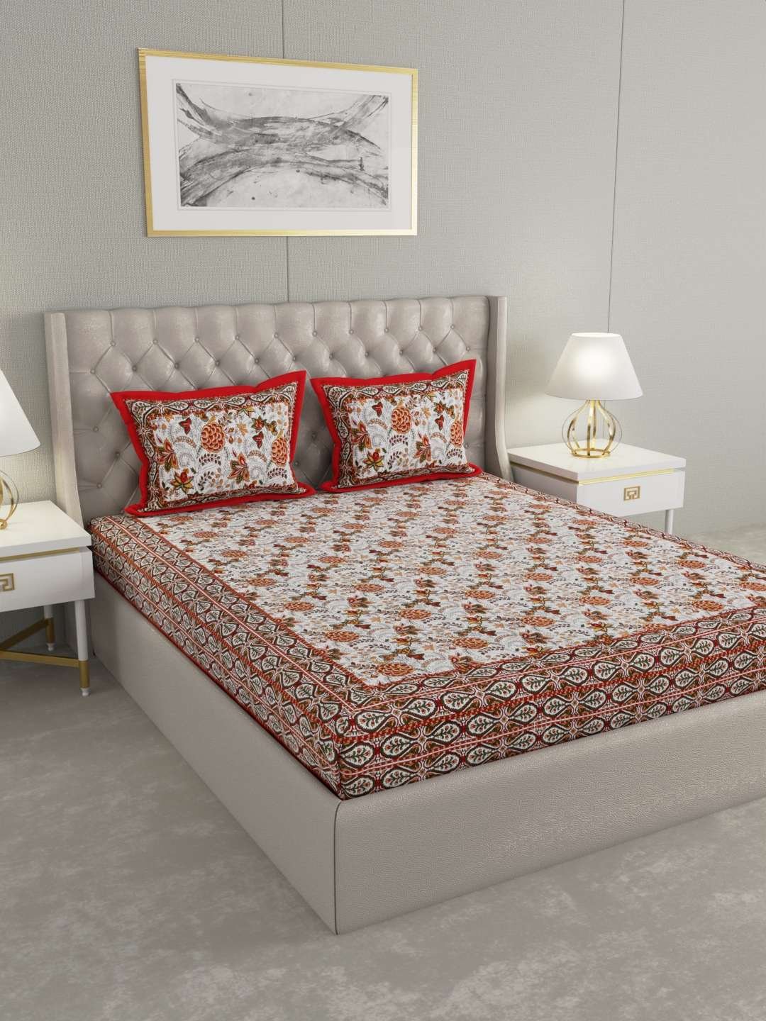 100% Pure Cotton Traditional Printed Bedsheet for Double Bed King Size Bedsheet with 2 Pillow Covers