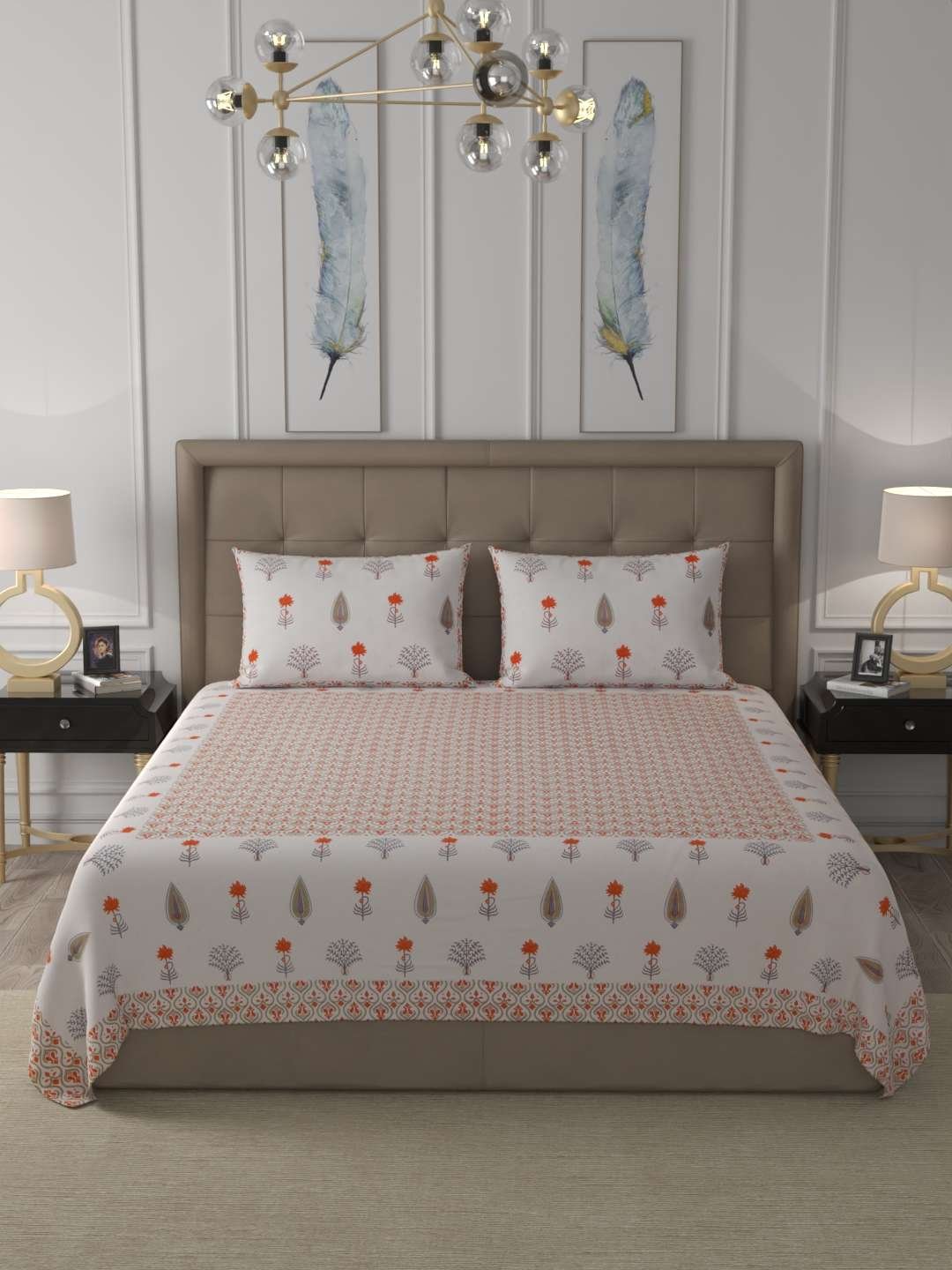 100% Pure Cotton Traditional Printed Bedsheet for Double Bed King Size Bedsheet with 2 Pillow Covers