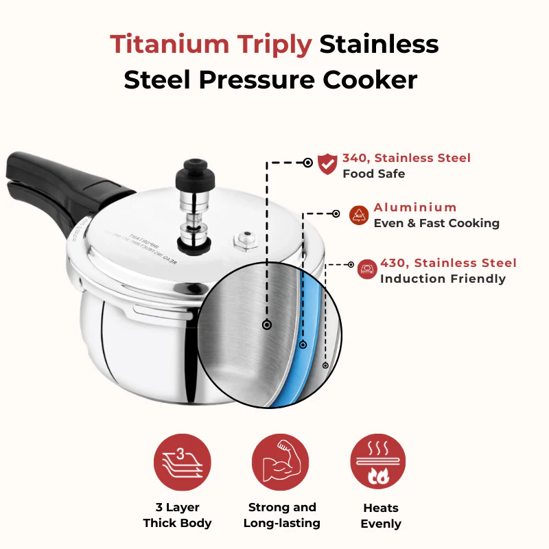 Vinod Doniv Titanium Triply Stainless Steel Pressure Cooker 3L Induction Gas