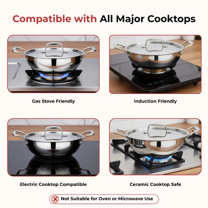Vinod Doniv Titanium Triply Stainless Steel Kadhai with Steel Lid