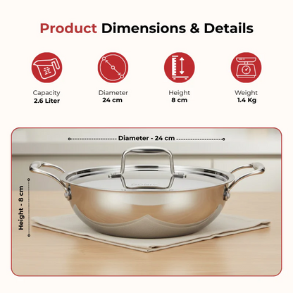 Vinod Doniv Titanium Triply Stainless Steel Kadhai with Steel Lid