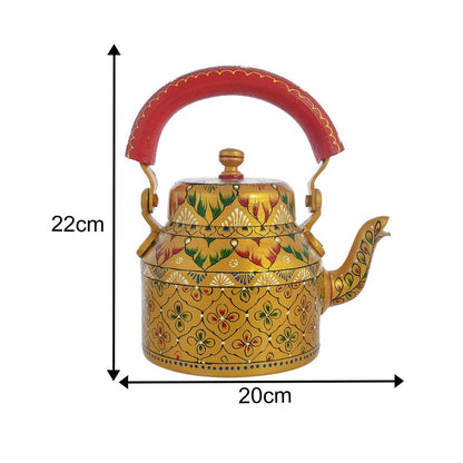 Alluminium Hand-Painted Gold Tea Kettle & Glass Set with Wooden Serving Cart