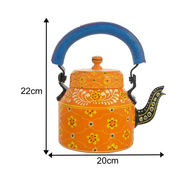 Alluminium Hand Painted Tea Kettle & 6-Glass Set with Wooden Serving Cart
