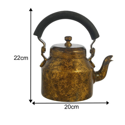 Alluminium Rustic Copper-Tone Metal Tea Kettle & Glass Set with Wooden Serving Cart