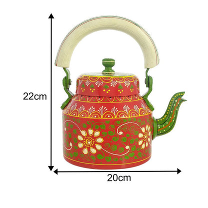Alluminium Hand-Painted Red & Green Tea Kettle & 6-Glass Set with Wooden Serving Cart