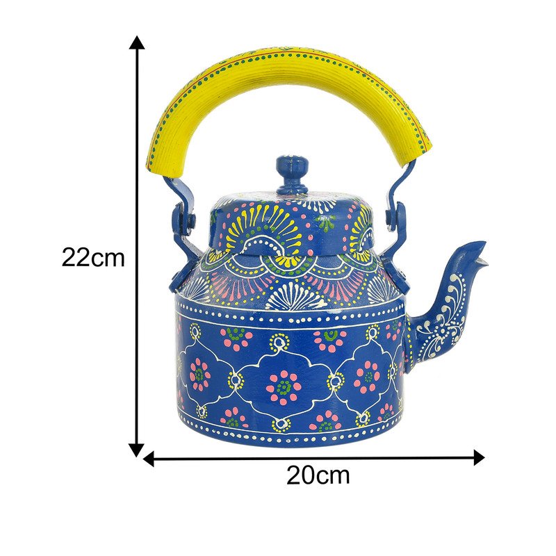 Alluminium Hand Painted Blue Tea Kettle & 6-Glass Set with Wooden Serving Cart