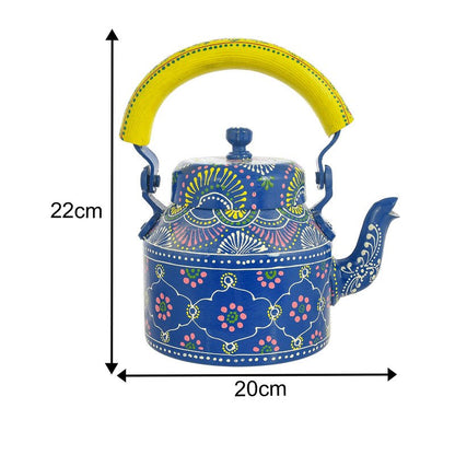 Alluminium Hand Painted Blue Tea Kettle & 6-Glass Set with Wooden Serving Cart