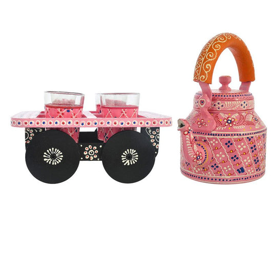 Alluminium Hand-Painted Pink Tea Kettle & 4-Glass Set with Wooden Serving Cart