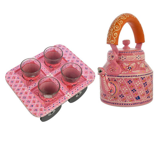 Alluminium Hand-Painted Pink Tea Kettle & 4-Glass Set with Wooden Serving Cart