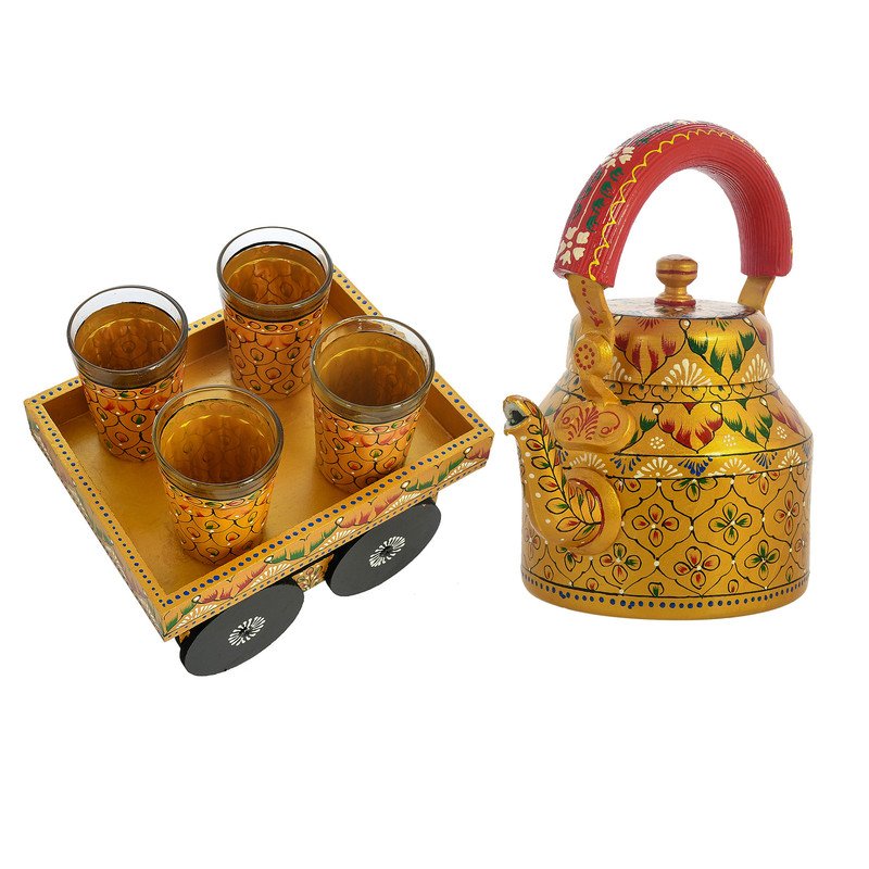 Alluminium Hand-Painted Gold Tea Kettle & Glass Set with Wooden Serving Cart
