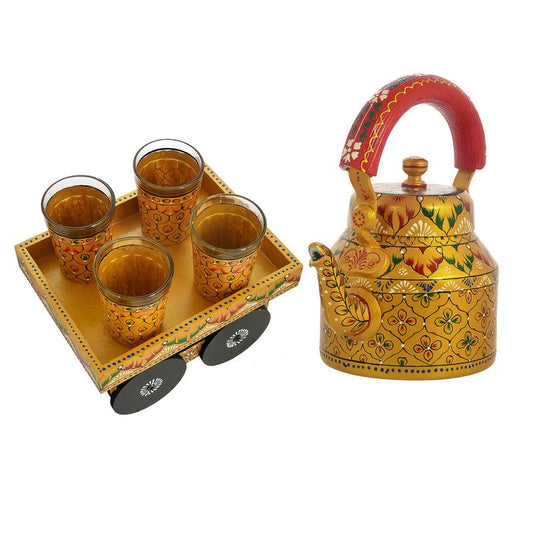 Alluminium Hand-Painted Gold Tea Kettle & Glass Set with Wooden Serving Cart