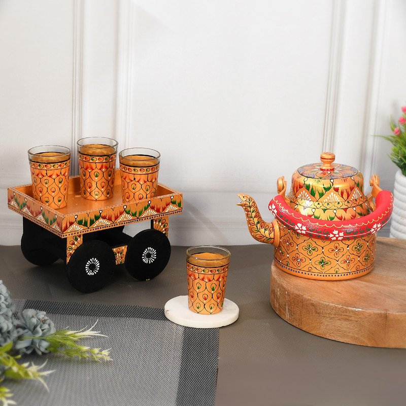 Alluminium Hand-Painted Gold Tea Kettle & Glass Set with Wooden Serving Cart