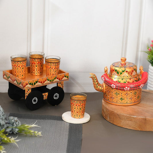 Alluminium Hand-Painted Gold Tea Kettle & Glass Set with Wooden Serving Cart