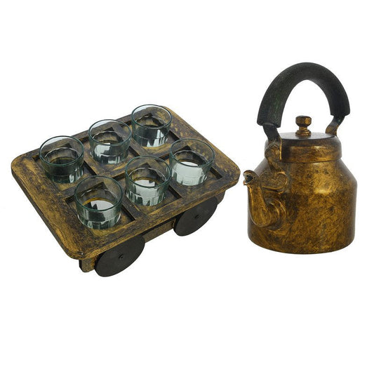 Alluminium Rustic Copper-Tone Metal Tea Kettle & Glass Set with Wooden Serving Cart