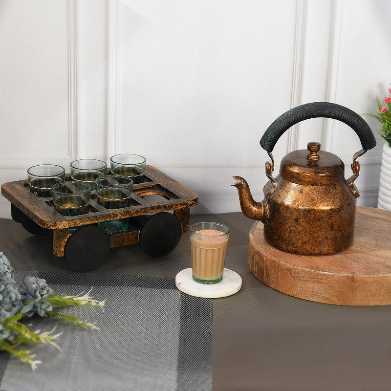 Alluminium Rustic Copper-Tone Metal Tea Kettle & Glass Set with Wooden Serving Cart