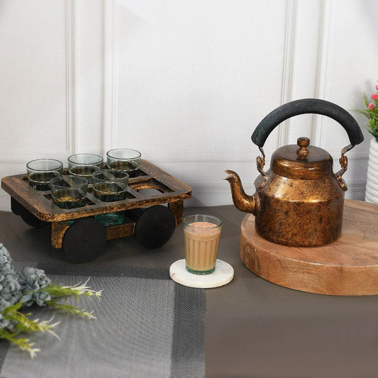 Alluminium Rustic Copper-Tone Metal Tea Kettle & Glass Set with Wooden Serving Cart