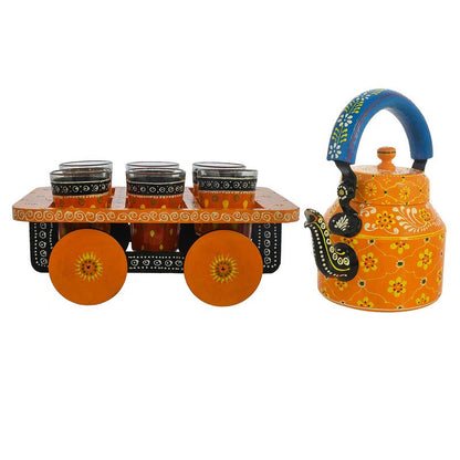 Alluminium Hand Painted Tea Kettle & 6-Glass Set with Wooden Serving Cart