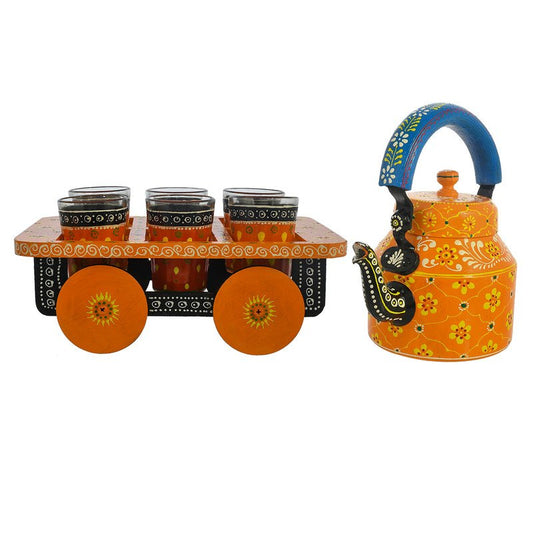 Alluminium Hand Painted Tea Kettle & 6-Glass Set with Wooden Serving Cart