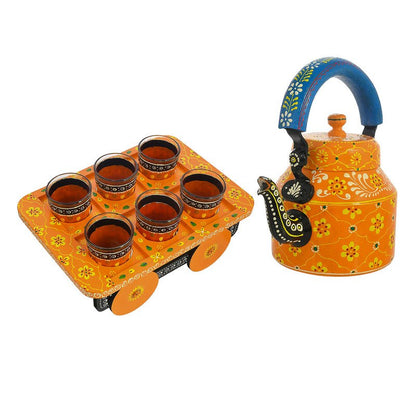 Alluminium Hand Painted Tea Kettle & 6-Glass Set with Wooden Serving Cart
