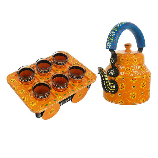 Alluminium Hand Painted Tea Kettle & 6-Glass Set with Wooden Serving Cart