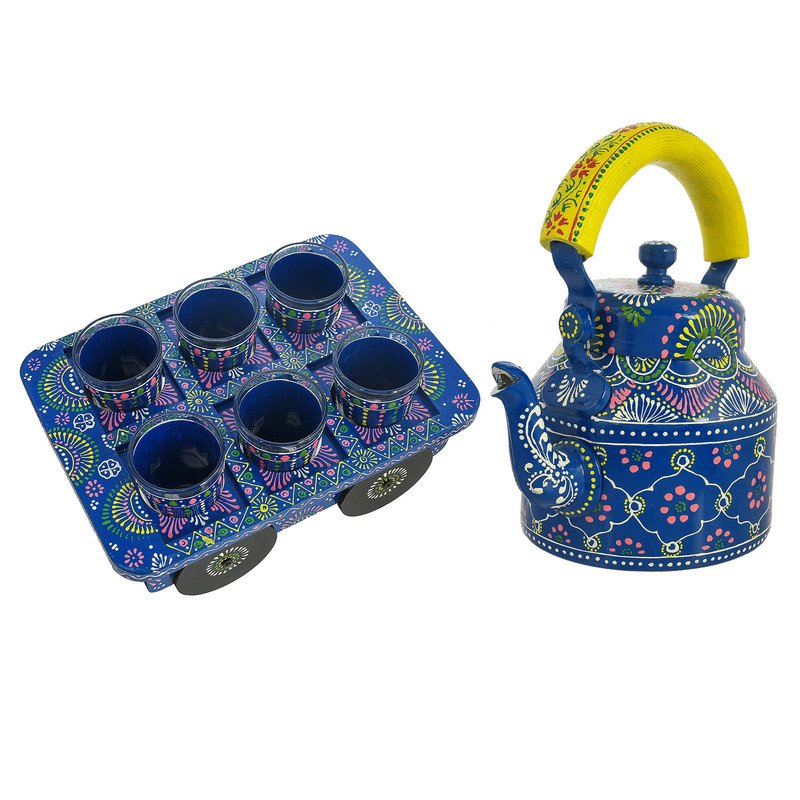 Alluminium Hand Painted Blue Tea Kettle & 6-Glass Set with Wooden Serving Cart