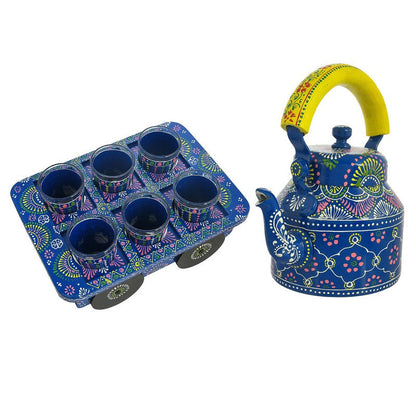 Alluminium Hand Painted Blue Tea Kettle & 6-Glass Set with Wooden Serving Cart