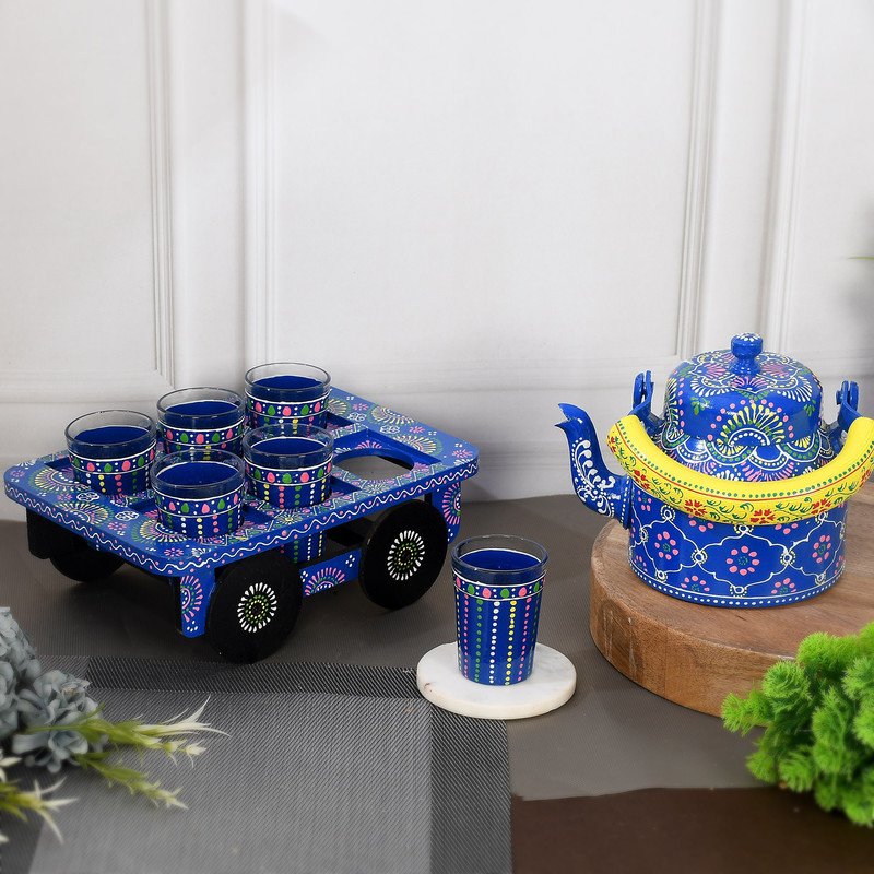 Alluminium Hand Painted Blue Tea Kettle & 6-Glass Set with Wooden Serving Cart