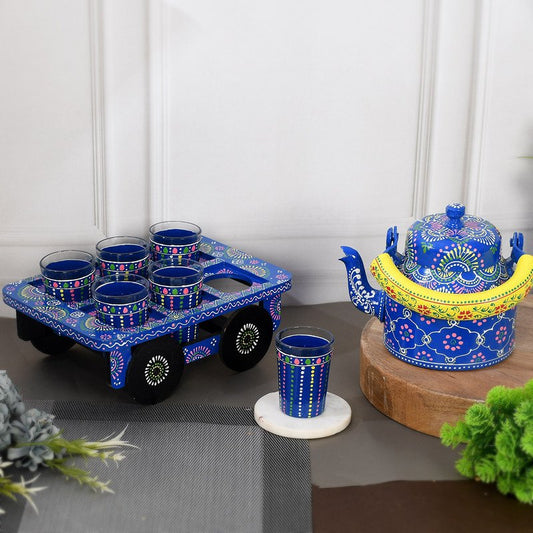 Alluminium Hand Painted Blue Tea Kettle & 6-Glass Set with Wooden Serving Cart