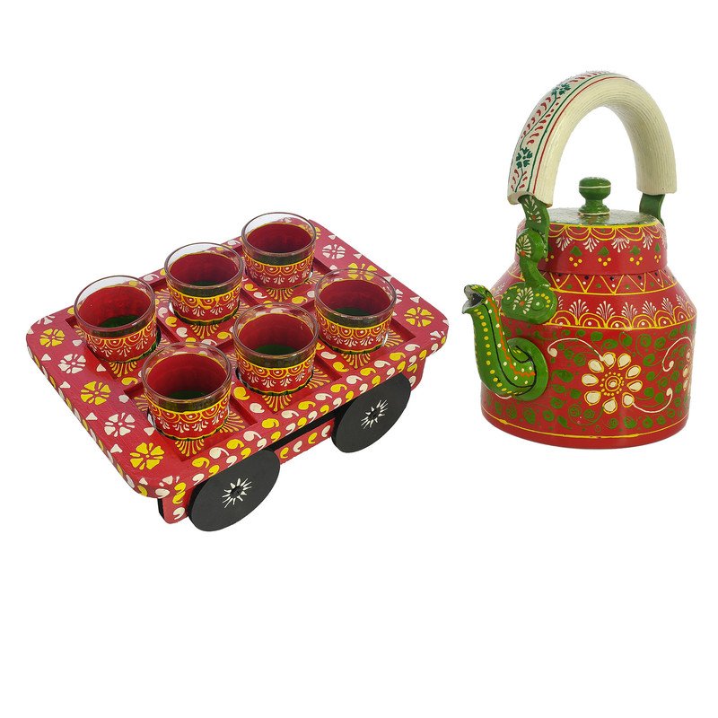 Alluminium Hand-Painted Red & Green Tea Kettle & 6-Glass Set with Wooden Serving Cart