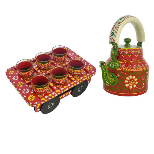 Alluminium Hand-Painted Red & Green Tea Kettle & 6-Glass Set with Wooden Serving Cart