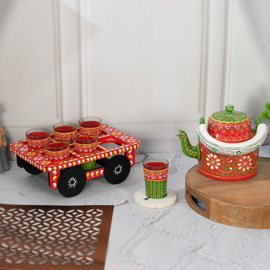 Alluminium Hand-Painted Red & Green Tea Kettle & 6-Glass Set with Wooden Serving Cart
