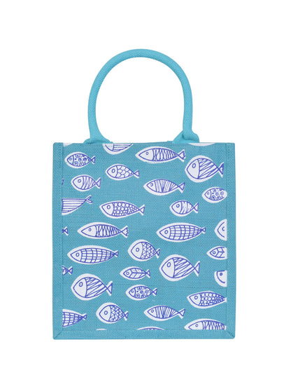 Jute Cottage Fish Print Zipper Lunch Bag 100% Genuine Jute Stylish